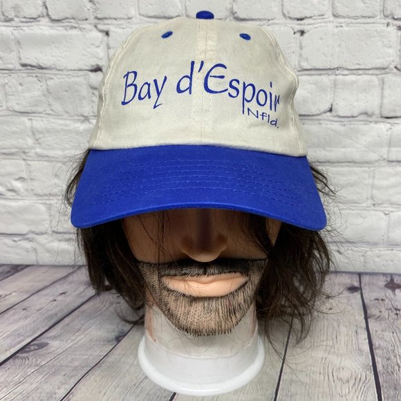 Vintage Hat Cap Strap Back Cream White Blue Bay d' Espoir NFLD Newfoundland - Picture 1 of 8